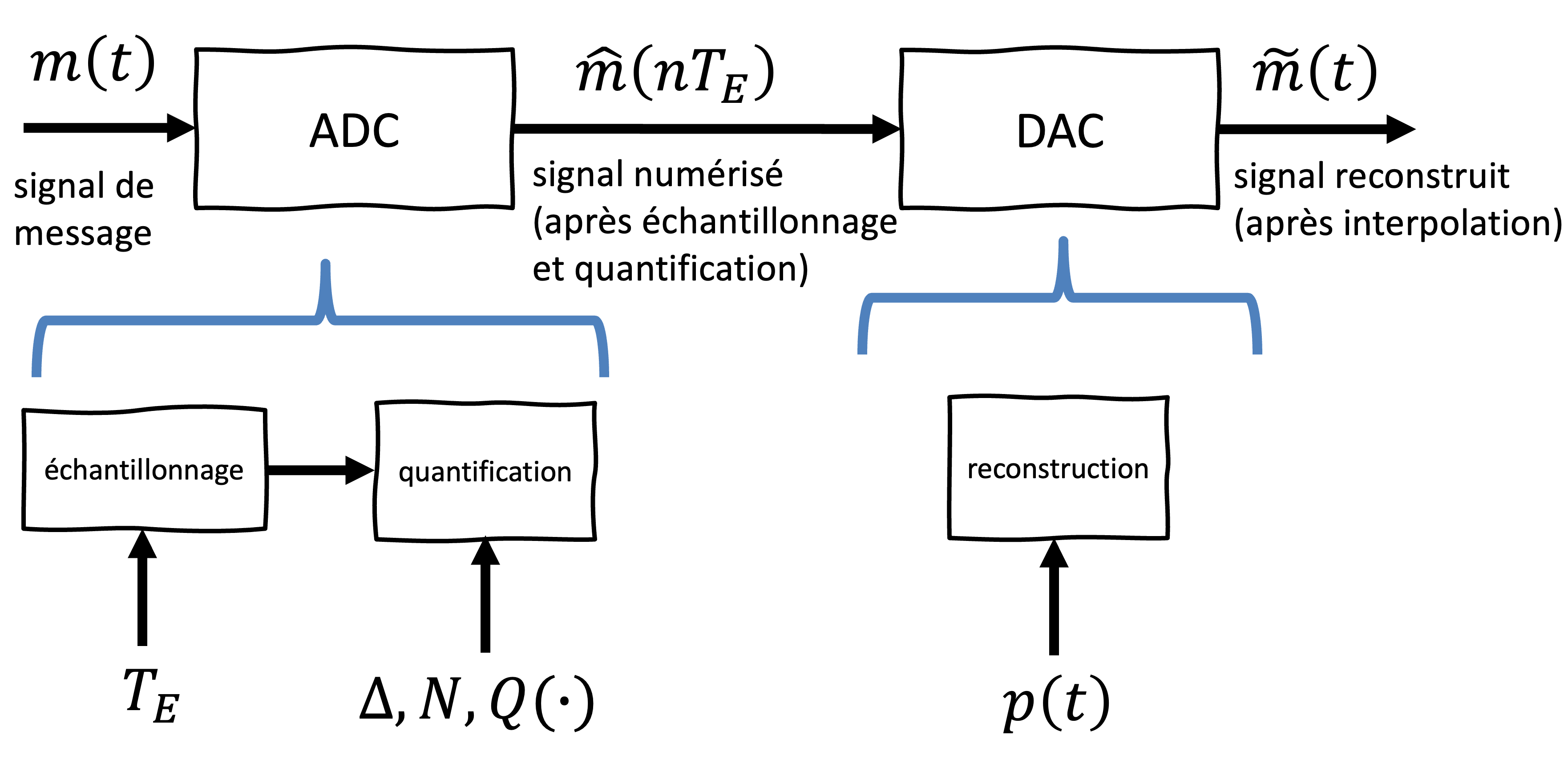 Schéma du processus de numérisation et de reconstruction d’un signal. Le signal analogique de message est d’abord converti en signal numérique via une conversion analogique-numérique (A/N), qui comprend l’échantillonnage à une période T_E  et la quantification définie par  \Delta, N, Q(\cdot) . Le signal numérisé est ensuite reconverti en signal analogique par une conversion numérique-analogique (N/A), où une interpolation est appliquée à l’aide de la fonction p(t) pour reconstruire une approximation du signal d’origine.