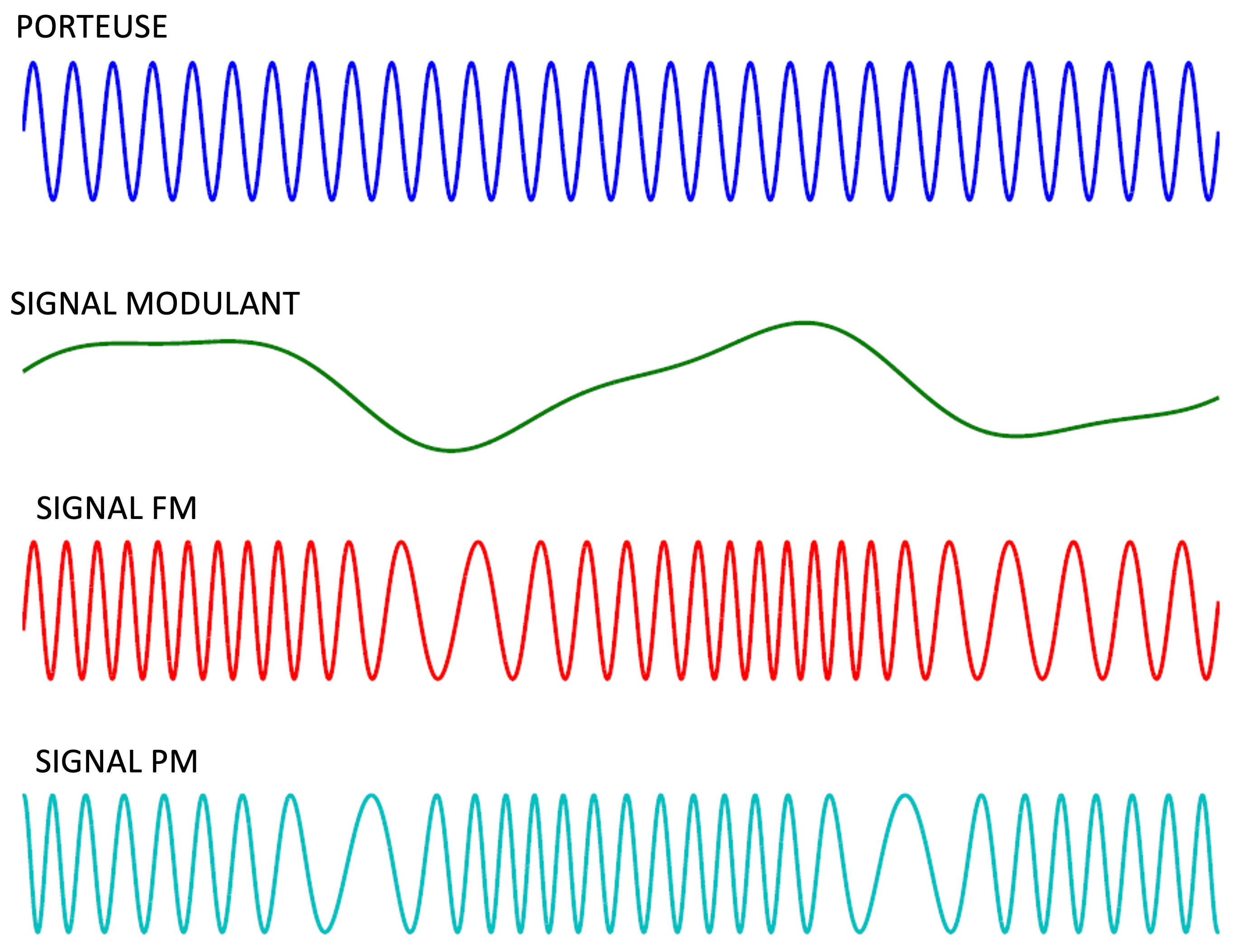 Illustration des modulations d’angle : une porteuse (en bleu), un signal modulant (en vert), et les signaux résultants en modulation de fréquence (FM, en rouge) et en modulation de phase (PM, en cyan).