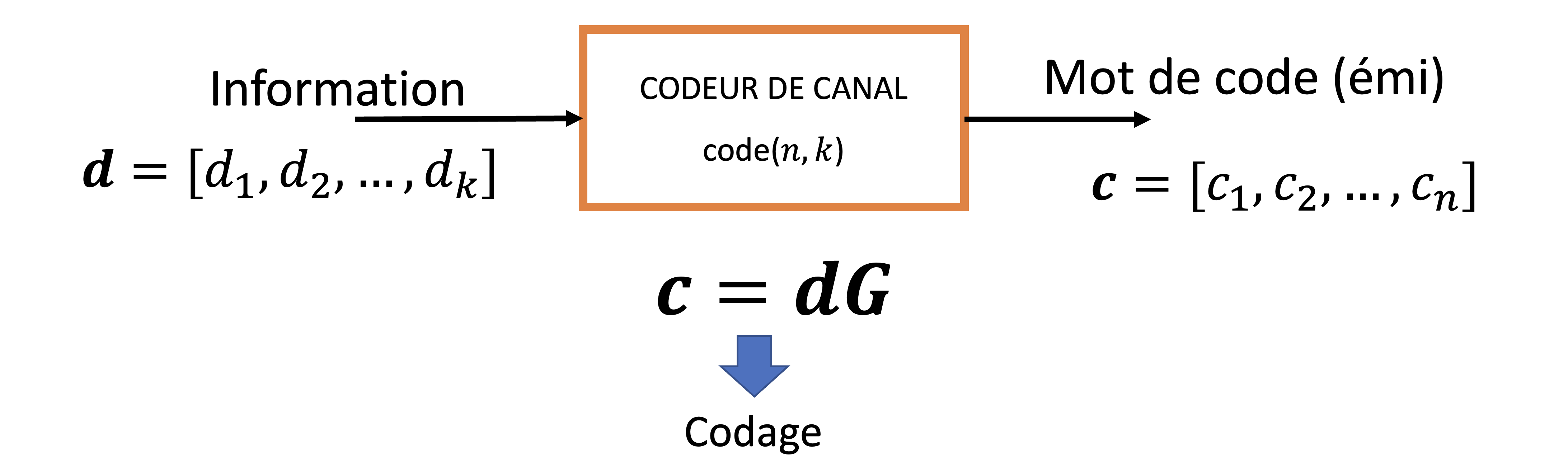 Codage linéaire d’un mot de code : Le vecteur d’information \bm{d} = [d_1, d_2, \ldots, d_k]  est transformé en un mot de code  \bm{c} = [c_1, c_2, \ldots, c_n]  à l’aide d’un codeur de canal linéaire défini par une matrice de génération  \bm{G} , selon la relation  \bm{c} = \bm{d} \bm{G} .
